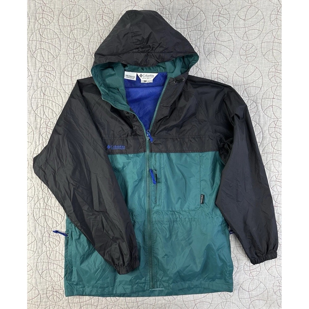 Vtg Columbia Mens Jacket Windbreaker Packable Hood Color Block Zip Up Medium